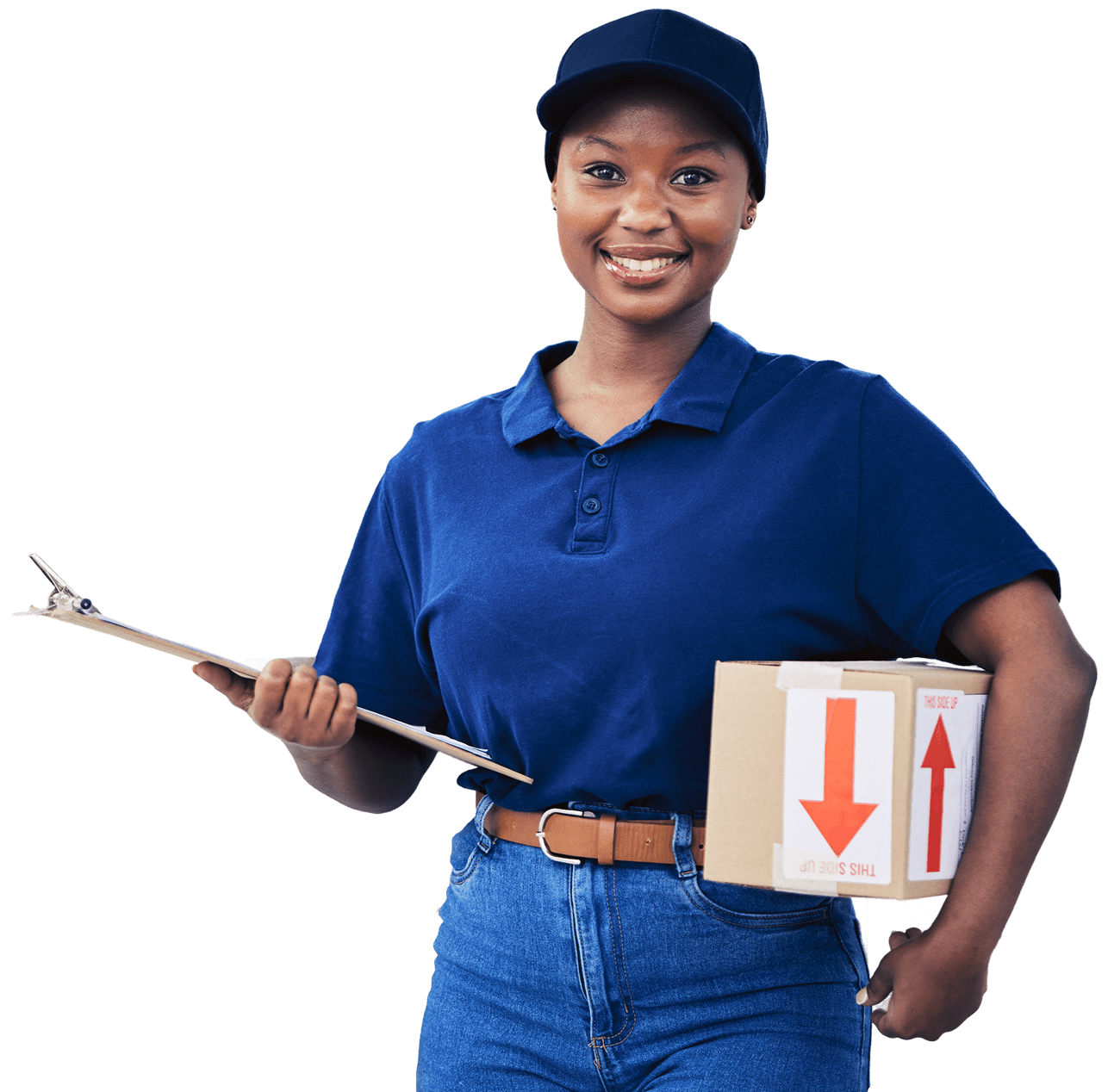 Delivery person holding package and clipboard.